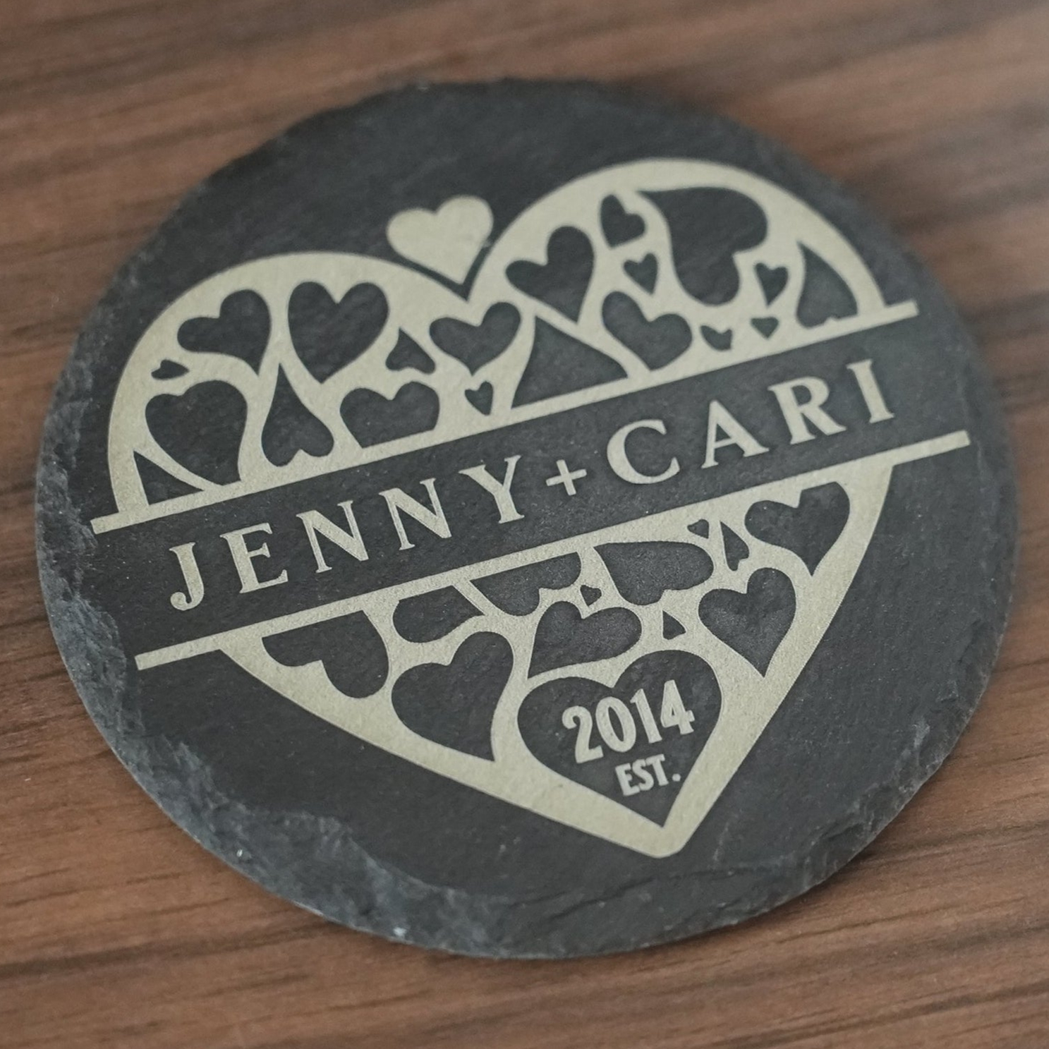 Slate Drink Coaster – Round – Heart – Custom Engraved