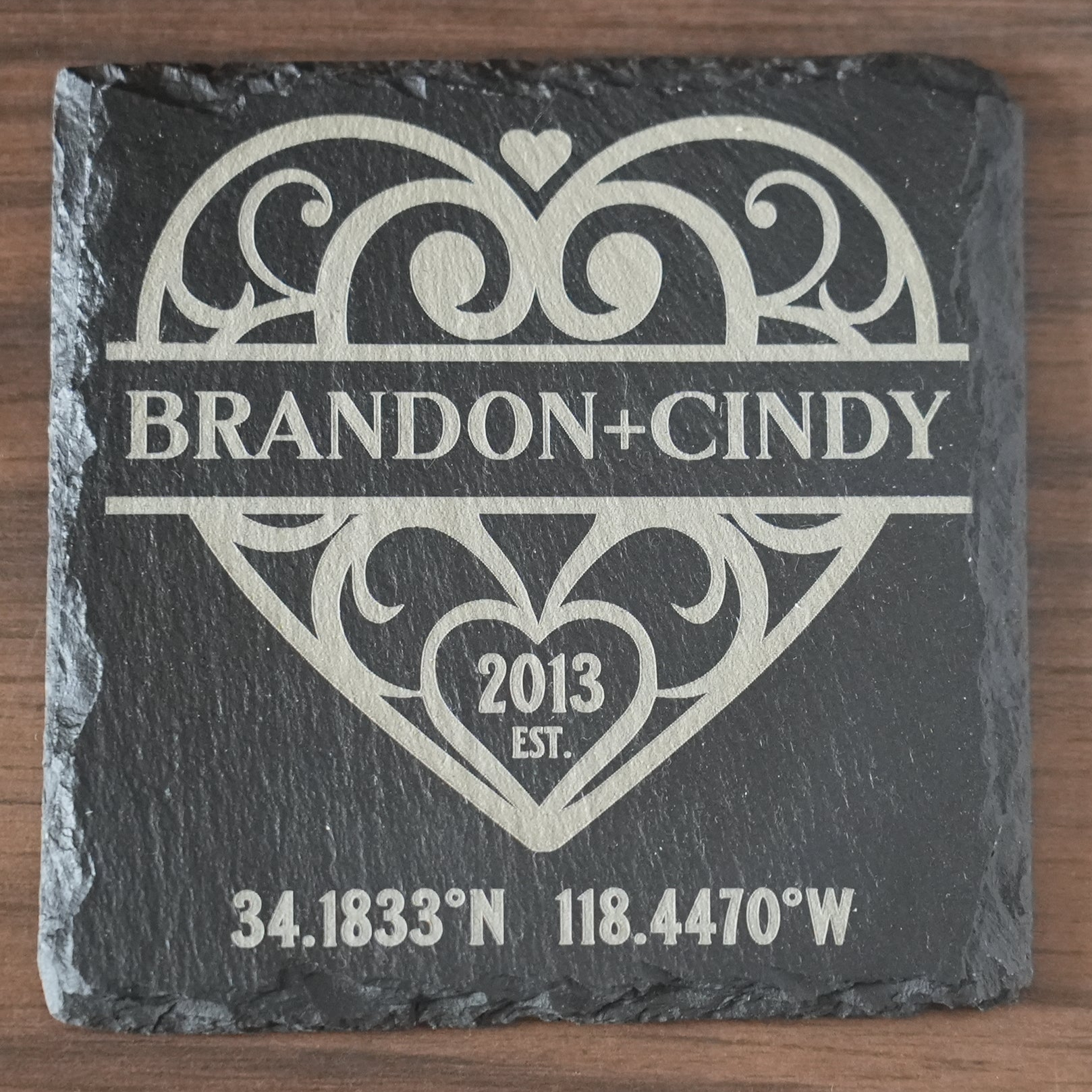 Slate Drink Coaster – Square – Heart – Custom Engraved