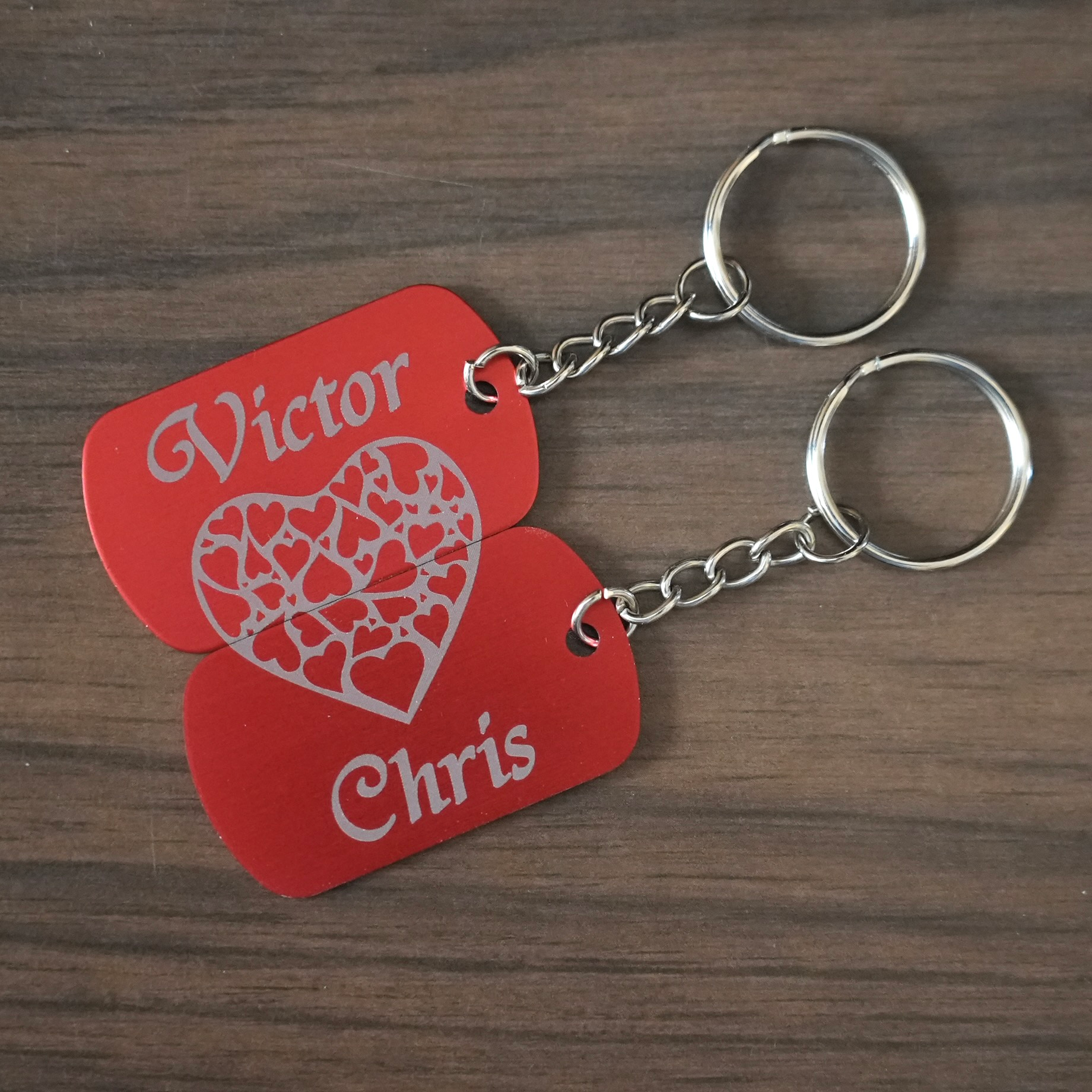 Keychains Set – Coordinating Hearts – Custom Engraved